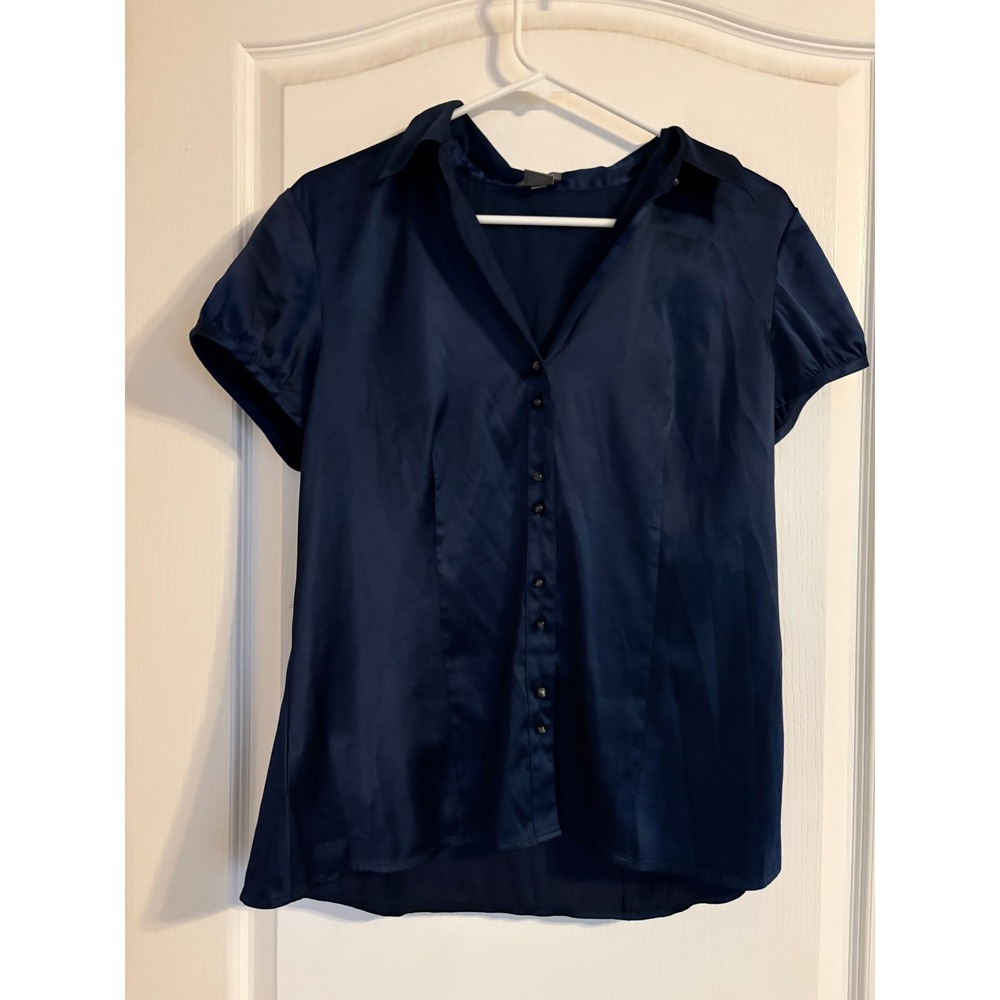 Ann Taylor Navy Blue Satin Button Front Blouse Short‎ Puff Sleeve Top Womens 12